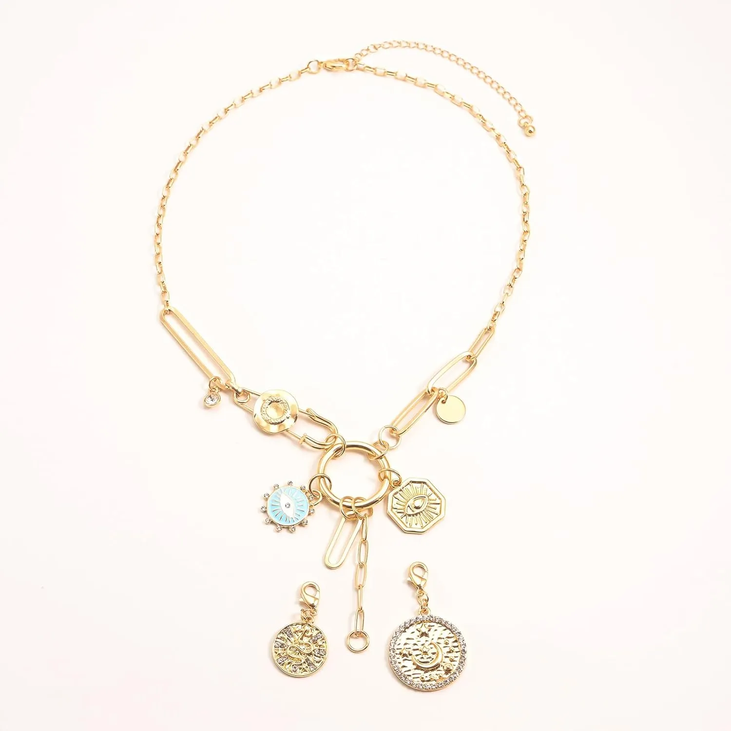 Charm Necklace for Women Chunky Gold Plated Paperclip Chain Amulet Evil Eye Jewelry Safety Pin Necklace Coastal Cowgirl Cowboy Necklace Third Eye Protection Jewelry for Women