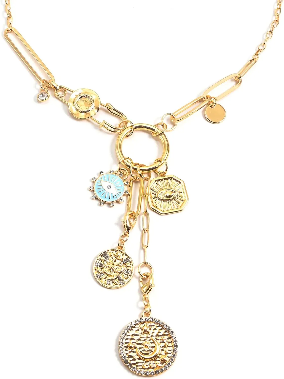 Charm Necklace for Women Chunky Gold Plated Paperclip Chain Amulet Evil Eye Jewelry Safety Pin Necklace Coastal Cowgirl Cowboy Necklace Third Eye Protection Jewelry for Women