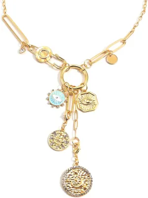 Charm Necklace for Women Chunky Gold Plated Paperclip Chain Amulet Evil Eye Jewelry Safety Pin Necklace Coastal Cowgirl Cowboy Necklace Third Eye Protection Jewelry for Women