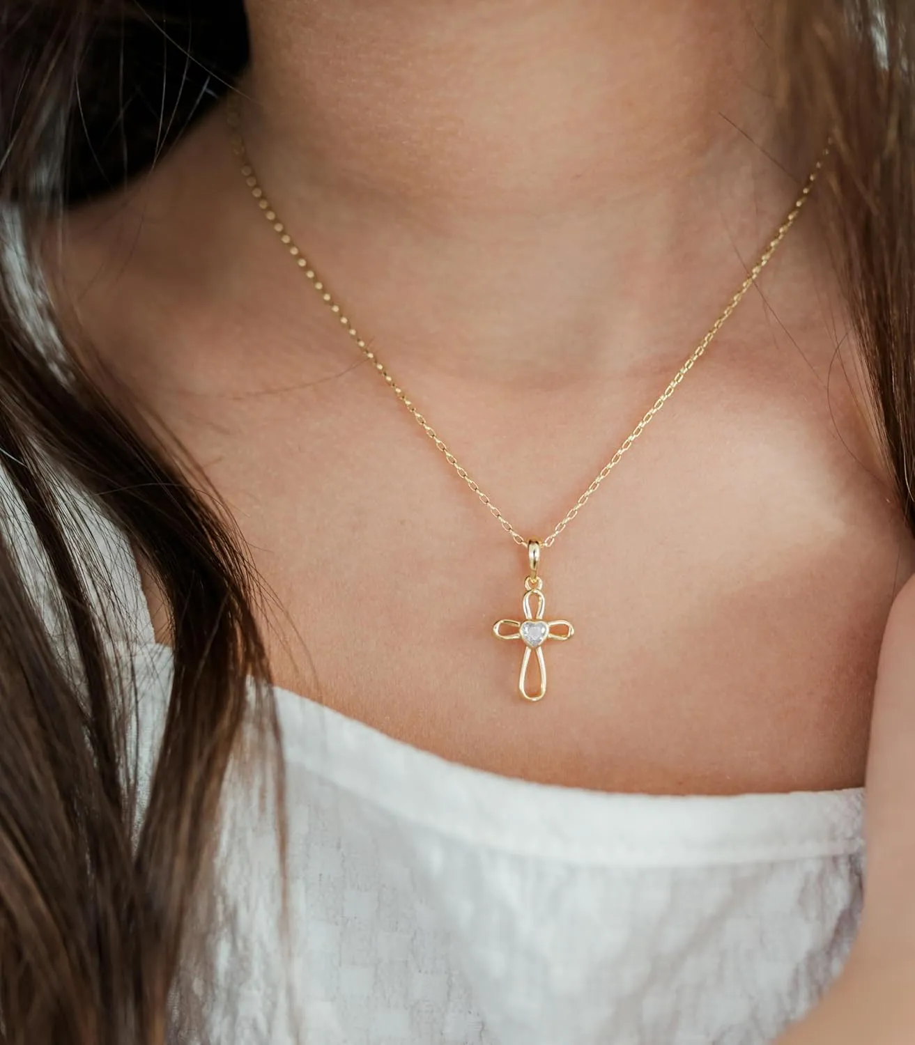 Cherished Moments Children's Sterling Silver and 14K Gold Plated Cross Necklace with CZ Heart for Baptism, First Communion and Confirmation Gift for Girls