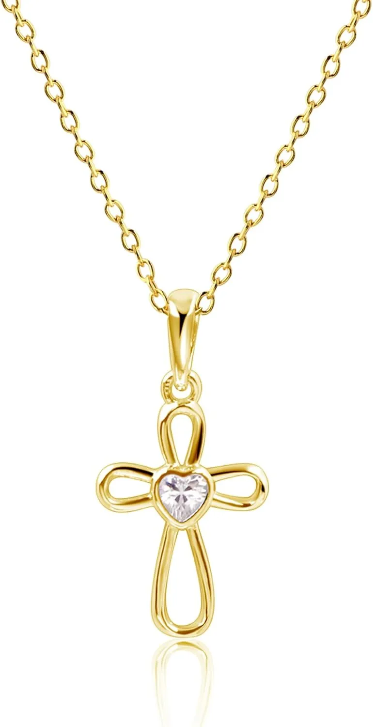 Cherished Moments Children's Sterling Silver and 14K Gold Plated Cross Necklace with CZ Heart for Baptism, First Communion and Confirmation Gift for Girls