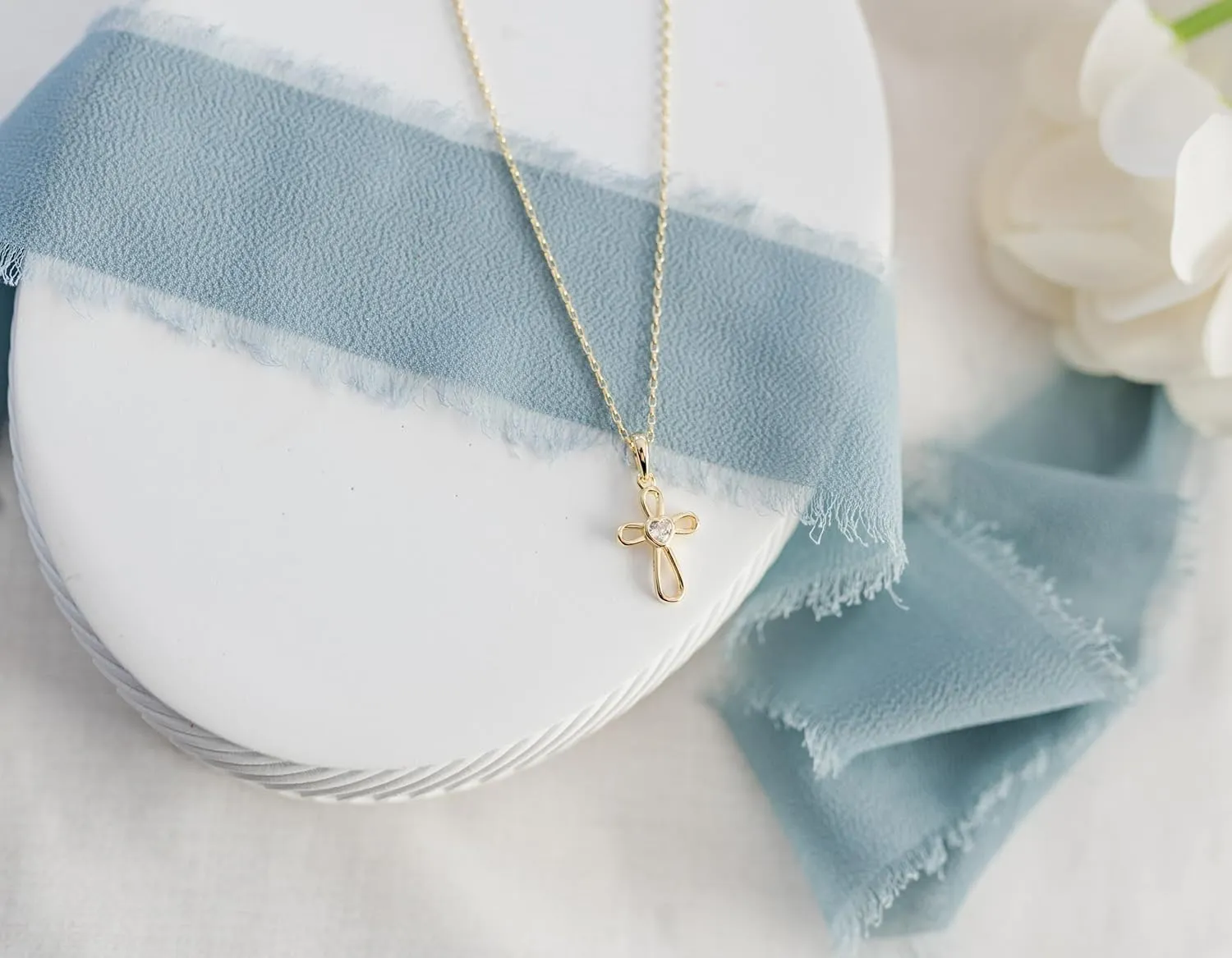 Cherished Moments Children's Sterling Silver and 14K Gold Plated Cross Necklace with CZ Heart for Baptism, First Communion and Confirmation Gift for Girls