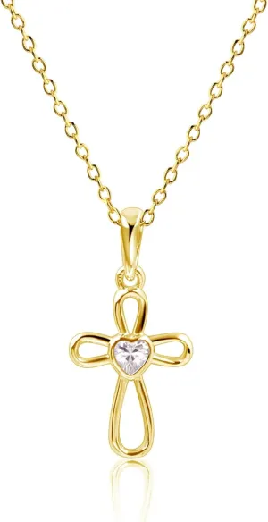 Cherished Moments Children's Sterling Silver and 14K Gold Plated Cross Necklace with CZ Heart for Baptism, First Communion and Confirmation Gift for Girls