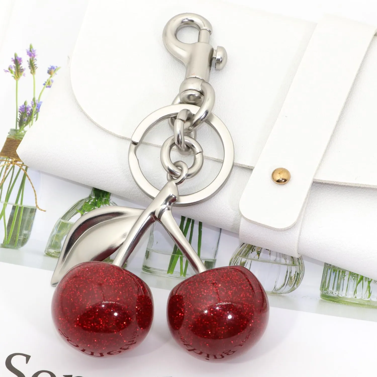 Cherry Fruit Keychain for Women Cherry Bag Charm Cute Pink Red Black Blue Green Silver Purse Charms for Handbag