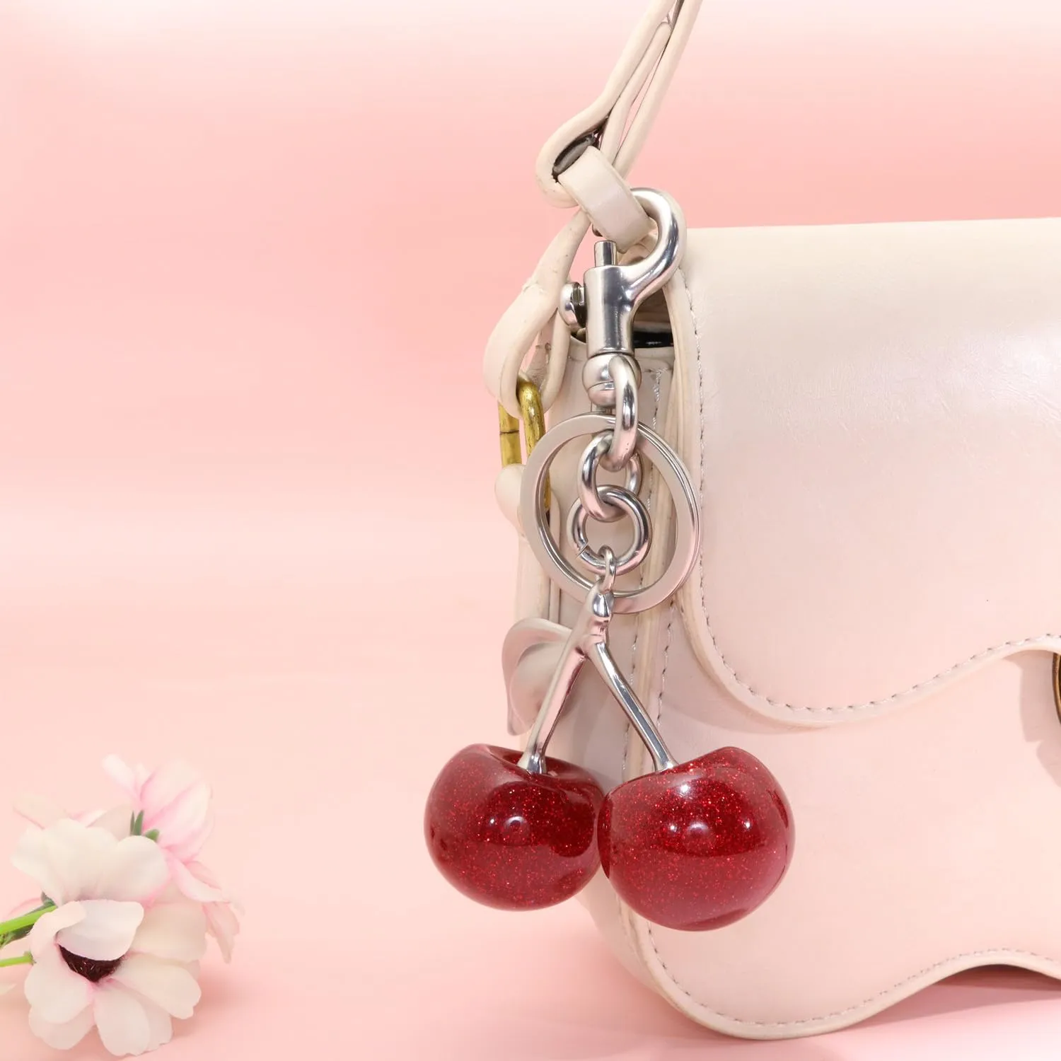 Cherry Fruit Keychain for Women Cherry Bag Charm Cute Pink Red Black Blue Green Silver Purse Charms for Handbag