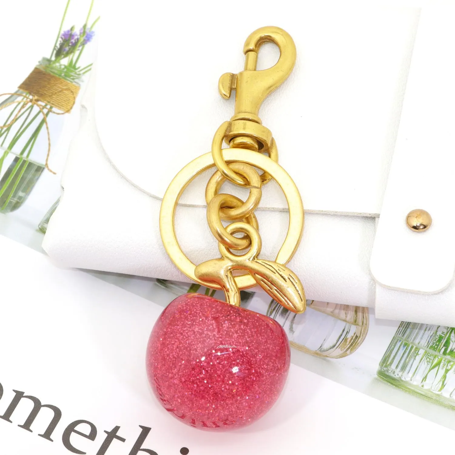 Cherry Fruit Keychain Gold Bag Charms for Handbags Glitter Cherry Key Chain Cute Metal Purse Charms Gold Silver