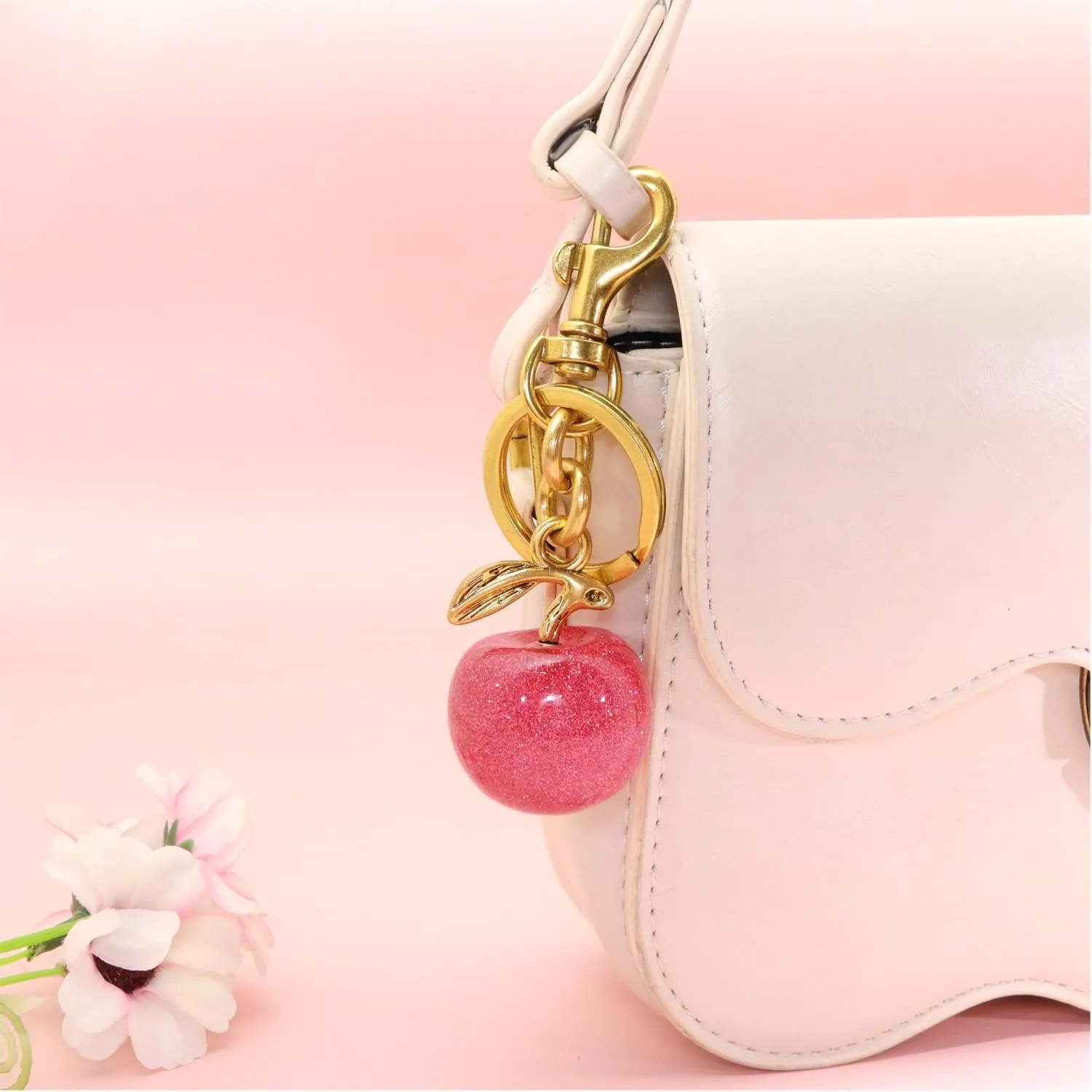 Cherry Fruit Keychain Gold Bag Charms for Handbags Glitter Cherry Key Chain Cute Metal Purse Charms Gold Silver