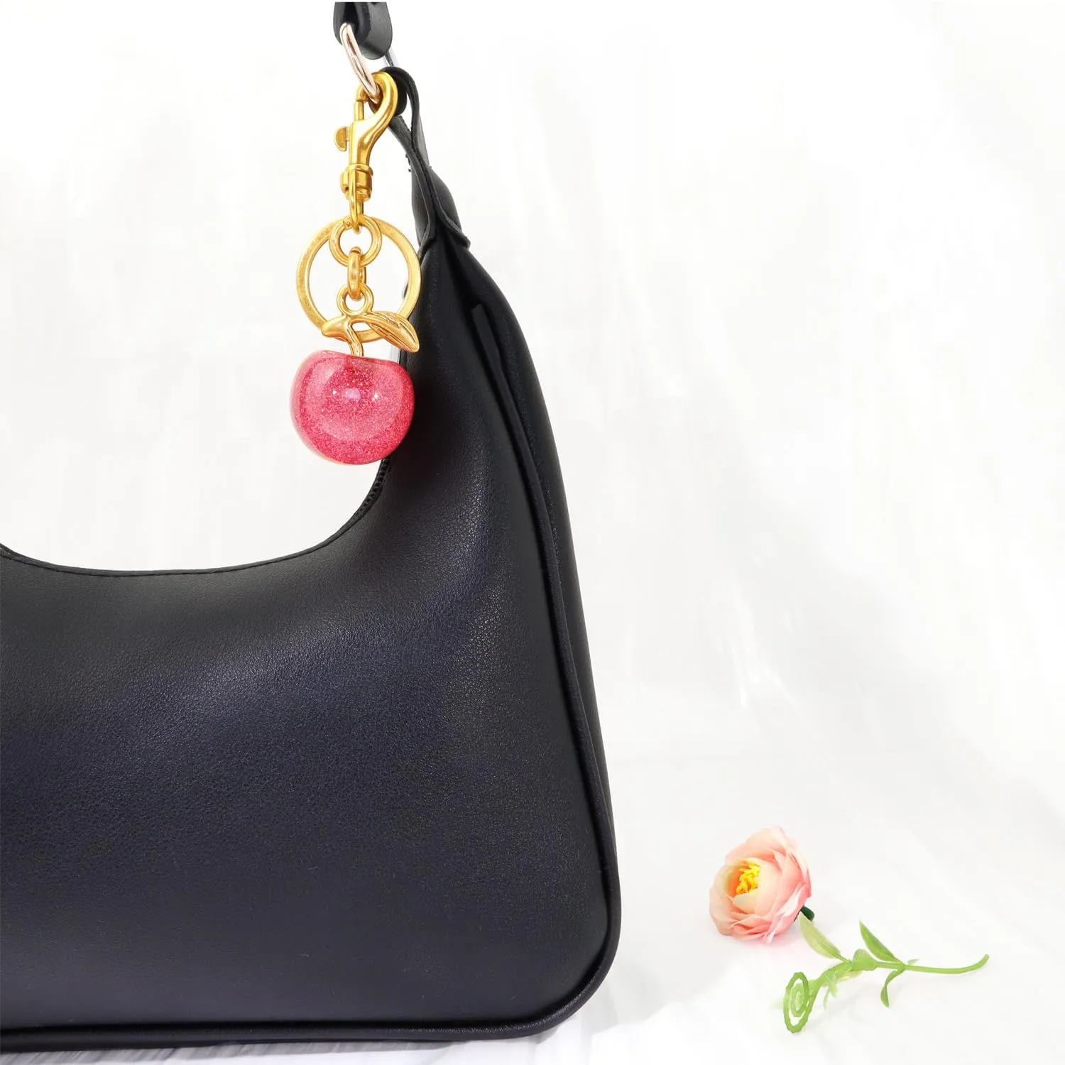 Cherry Fruit Keychain Gold Bag Charms for Handbags Glitter Cherry Key Chain Cute Metal Purse Charms Gold Silver