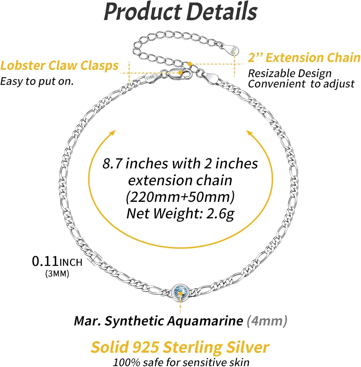 ChicSilver 925 Sterling Silver Heart/Round Birthstone Figaro Chain Anklet for women Simple Dainty Summer Beach Ankle Bracelet (with Gift Box)