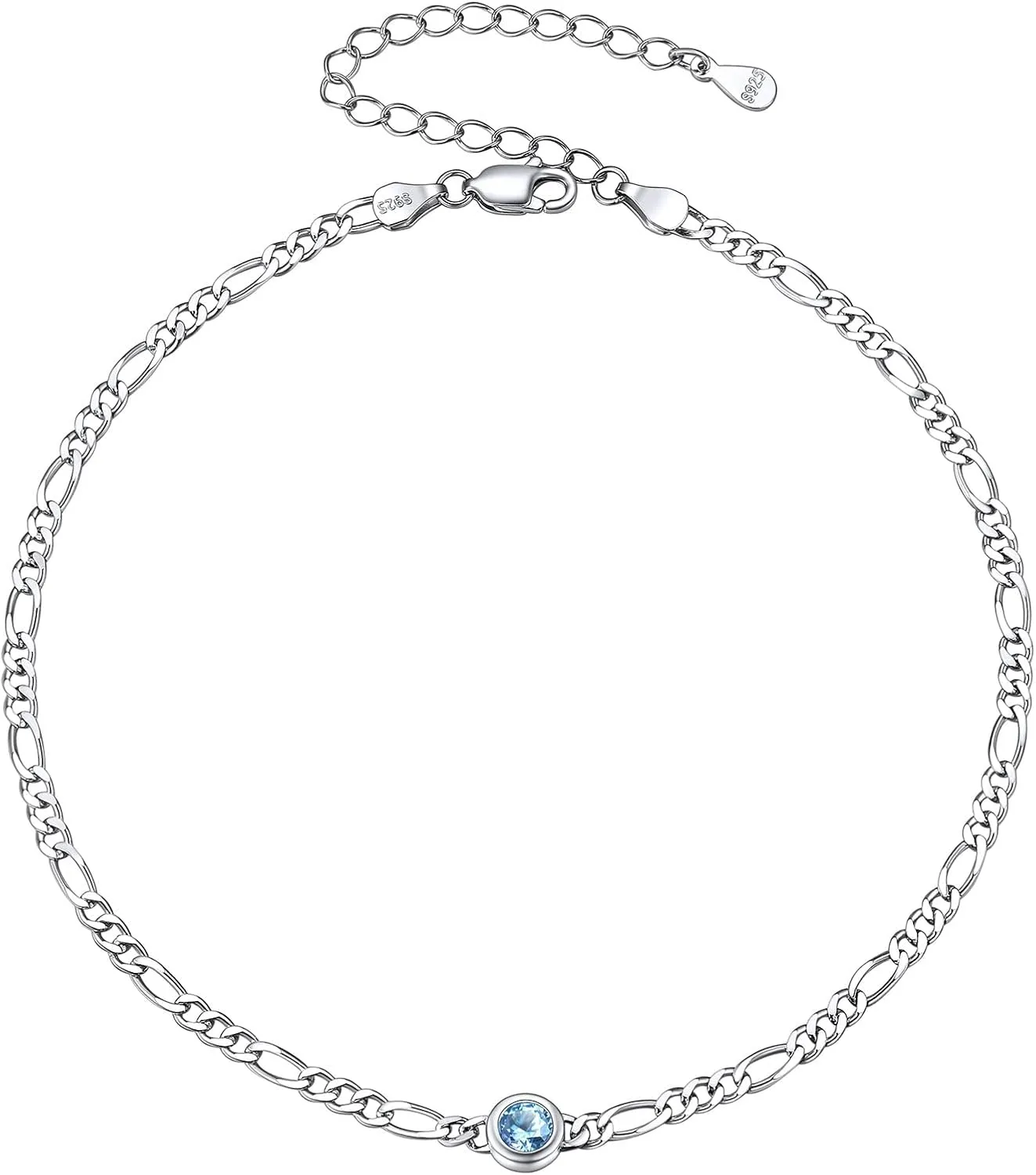 ChicSilver 925 Sterling Silver Heart/Round Birthstone Figaro Chain Anklet for women Simple Dainty Summer Beach Ankle Bracelet (with Gift Box)