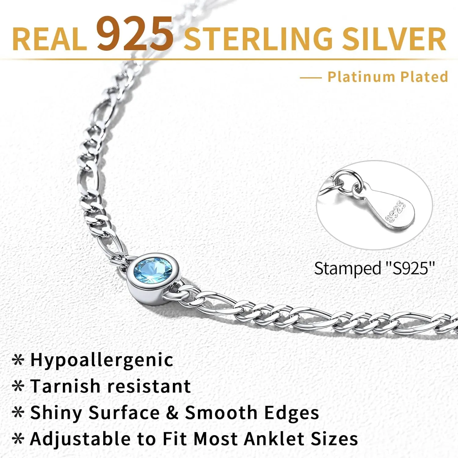 ChicSilver 925 Sterling Silver Heart/Round Birthstone Figaro Chain Anklet for women Simple Dainty Summer Beach Ankle Bracelet (with Gift Box)