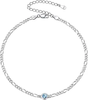 ChicSilver 925 Sterling Silver Heart/Round Birthstone Figaro Chain Anklet for women Simple Dainty Summer Beach Ankle Bracelet (with Gift Box)