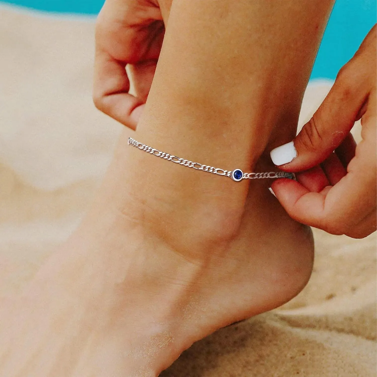 ChicSilver 925 Sterling Silver Heart/Round Birthstone Figaro Chain Anklet for women Simple Dainty Summer Beach Ankle Bracelet (with Gift Box)