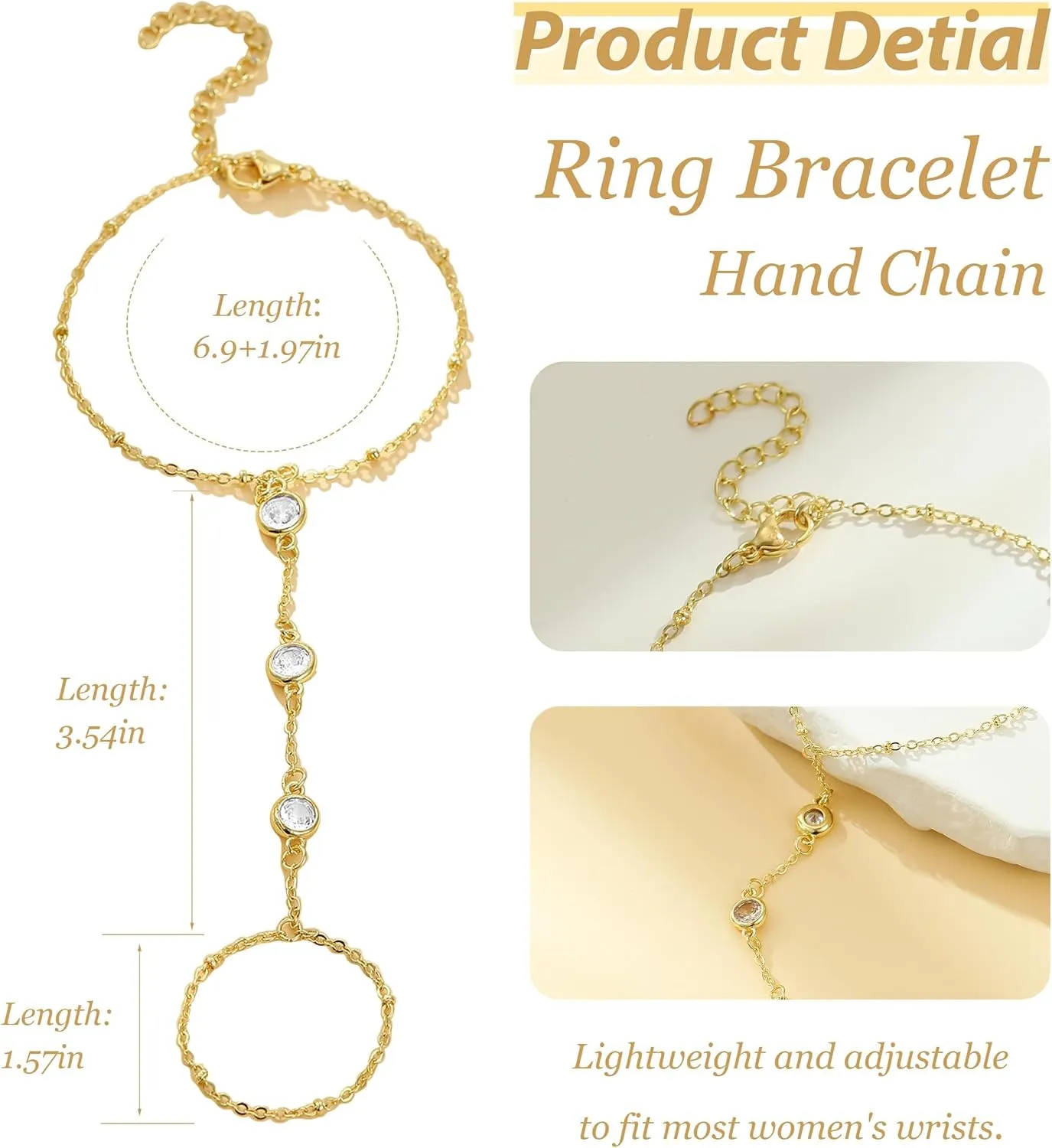 choice of all Gold Hand Chain Bracelet & Finger Ring - Rhinestone Hand Jewelry for Women, Trendy Stocking Stuffers
