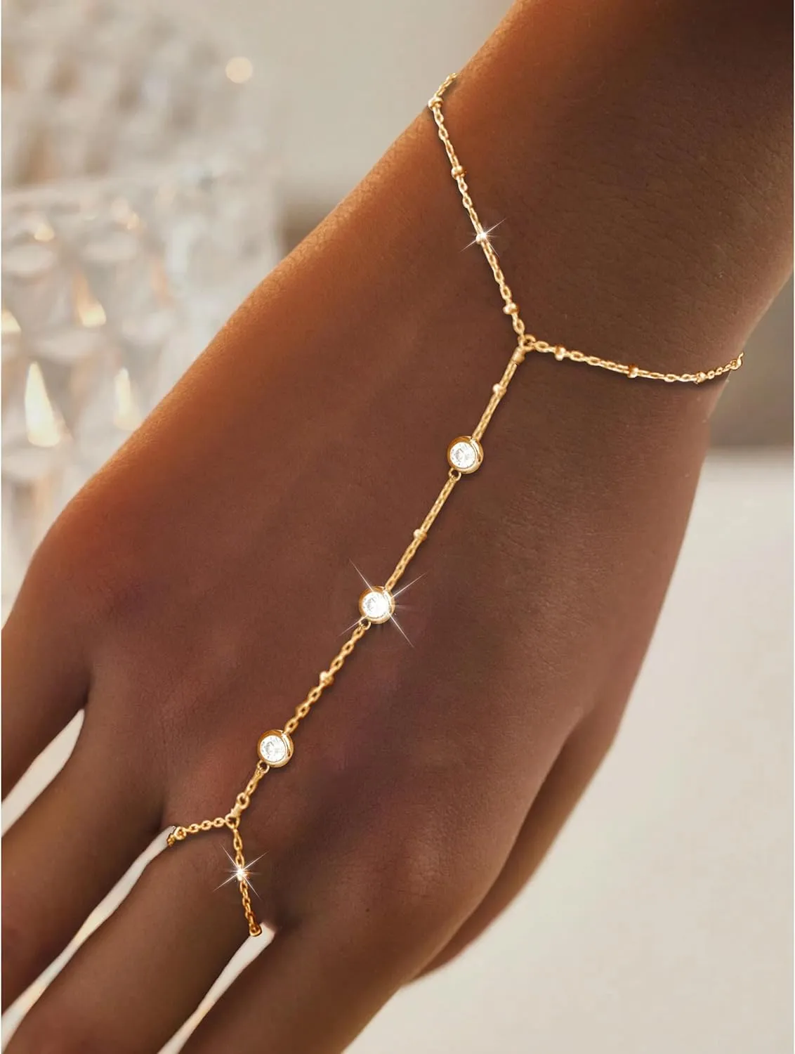 choice of all Gold Hand Chain Bracelet & Finger Ring - Rhinestone Hand Jewelry for Women, Trendy Stocking Stuffers