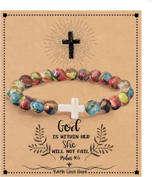 Christian Gifts for Women Cross Bracelets Imperial Nature Stone Bead Bracelet Confirmation Baptism Gifts for Teen Girls Easter Basket Stuffers for Teens Christmas Religious Jewelry