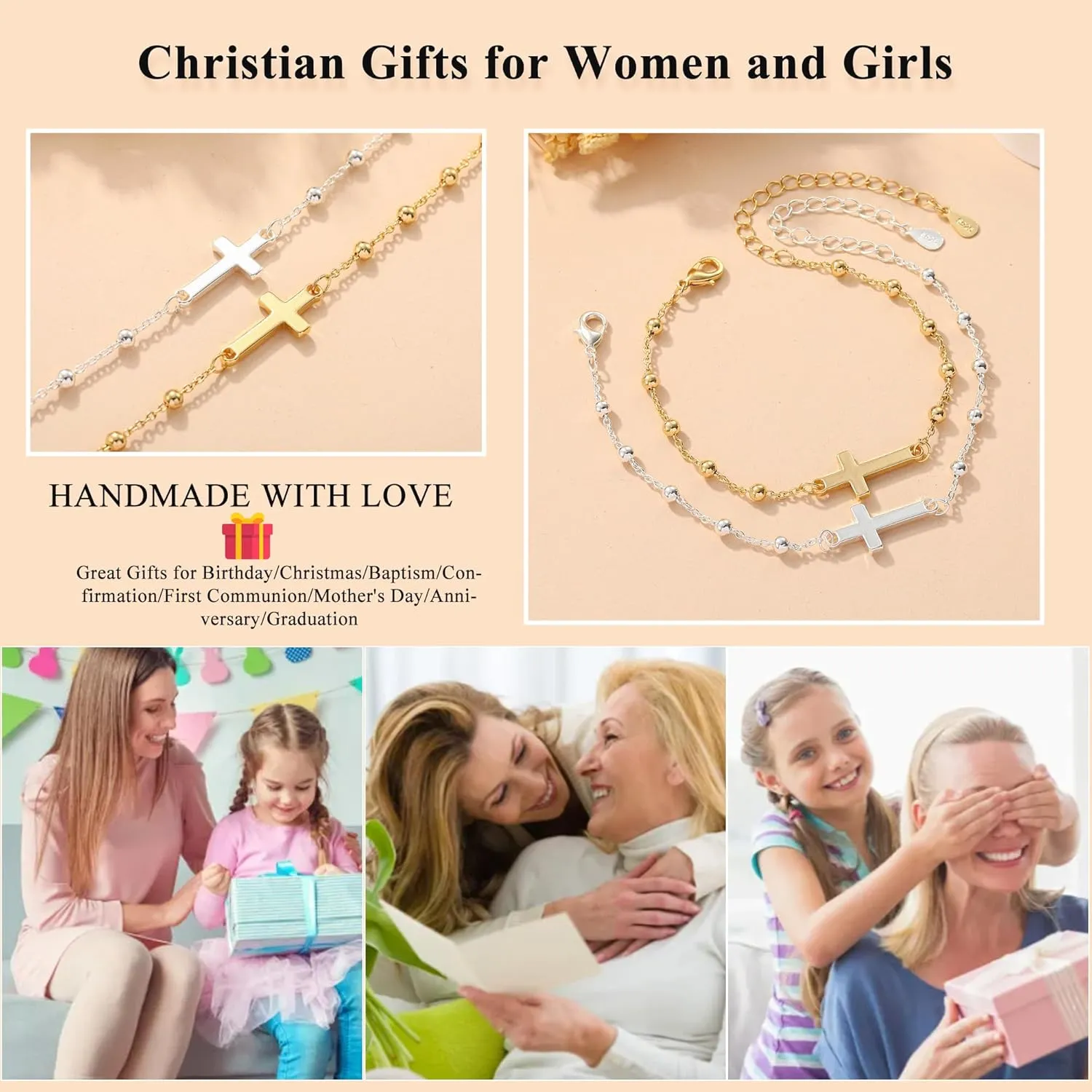 Christian Gifts for Women Girls 925 Sterling Silver Rosary Cross Link Chain Bracelet Baptism Communion Confirmation Religious Jewelry Gifts with Inspirational Card