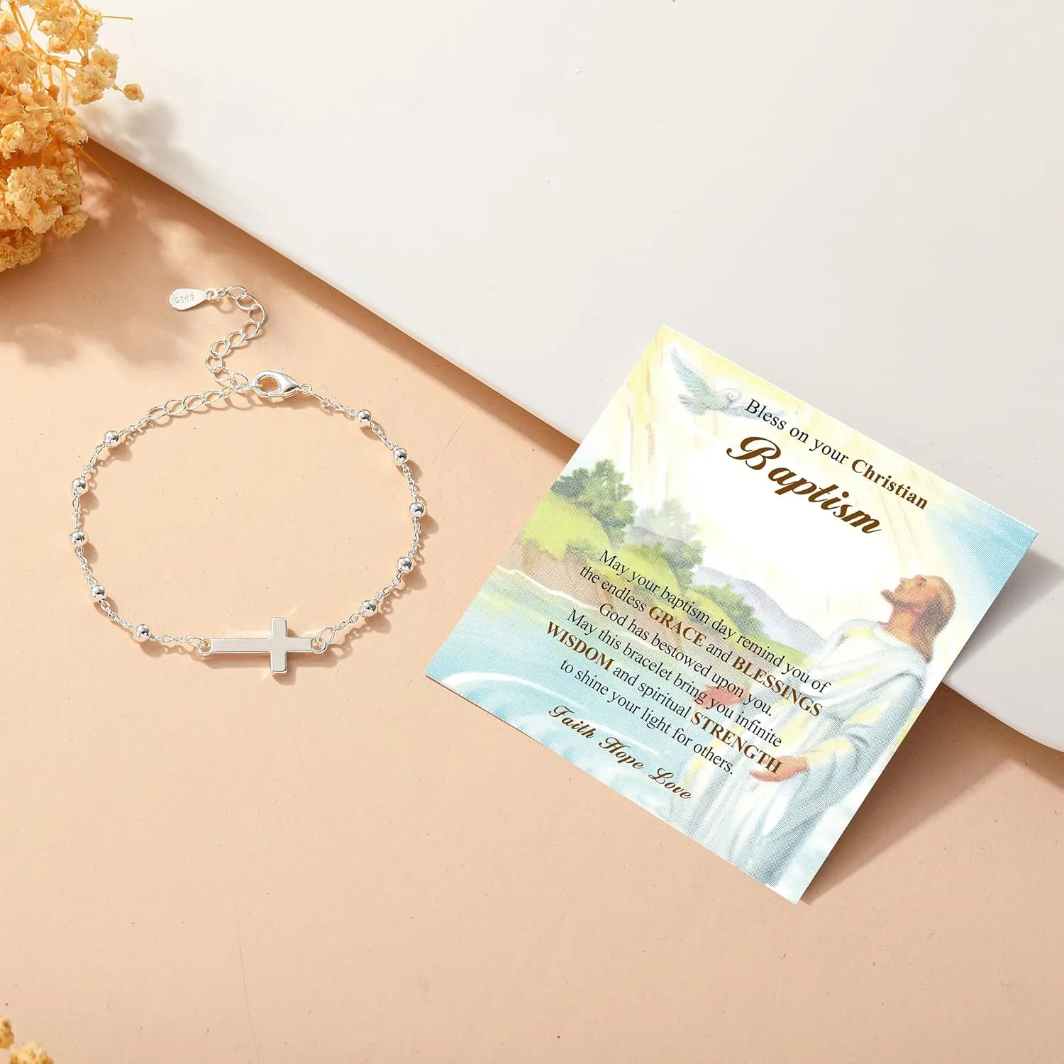 Christian Gifts for Women Girls 925 Sterling Silver Rosary Cross Link Chain Bracelet Baptism Communion Confirmation Religious Jewelry Gifts with Inspirational Card