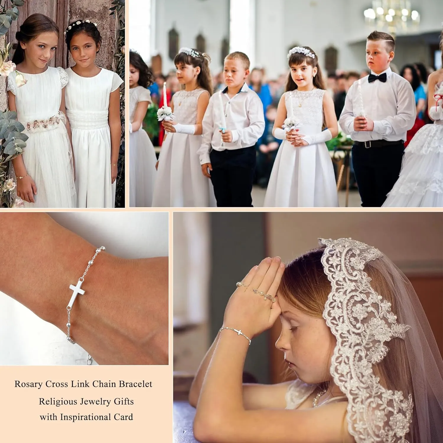 Christian Gifts for Women Girls 925 Sterling Silver Rosary Cross Link Chain Bracelet Baptism Communion Confirmation Religious Jewelry Gifts with Inspirational Card