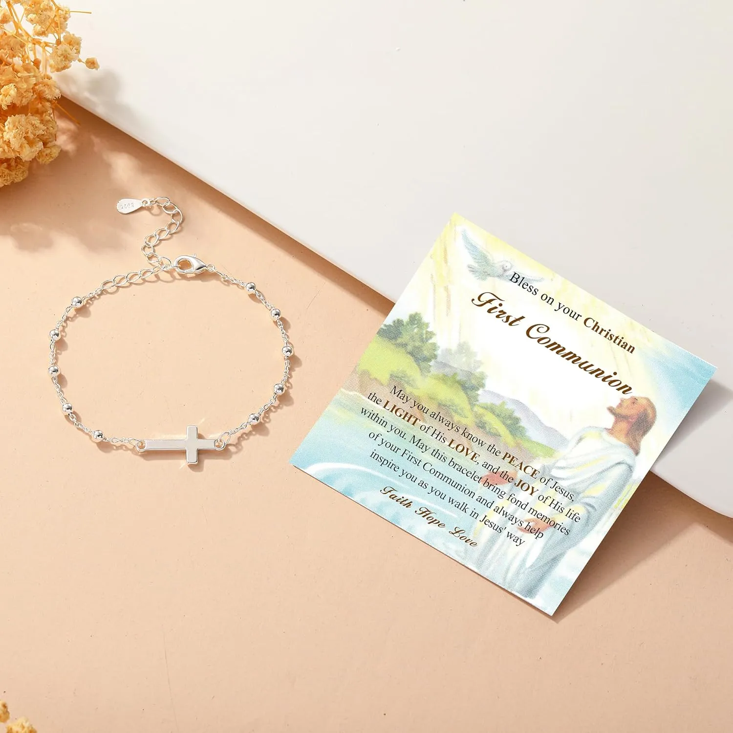 Christian Gifts for Women Girls 925 Sterling Silver Rosary Cross Link Chain Bracelet Baptism Communion Confirmation Religious Jewelry Gifts with Inspirational Card