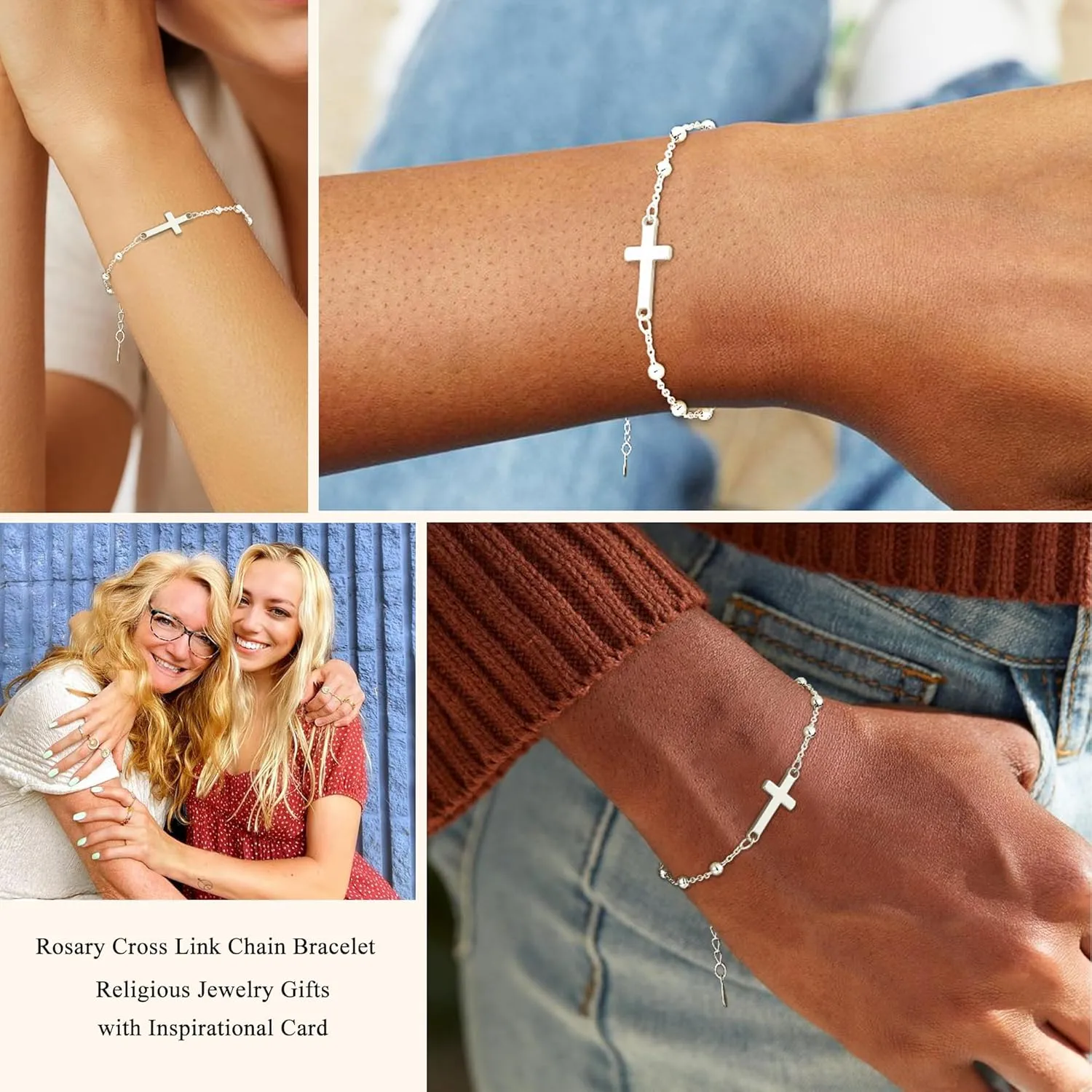 Christian Gifts for Women Girls 925 Sterling Silver Rosary Cross Link Chain Bracelet Baptism Communion Confirmation Religious Jewelry Gifts with Inspirational Card
