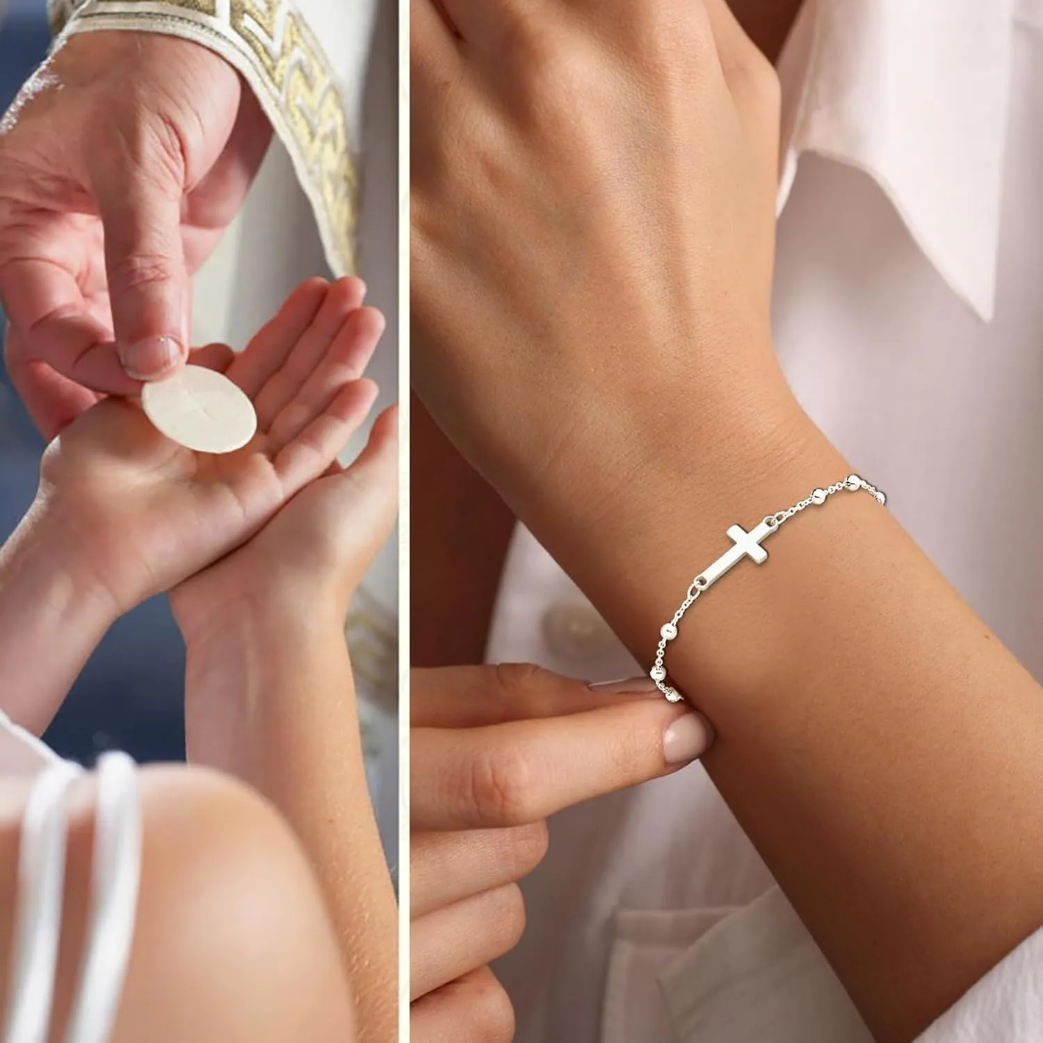 Christian Gifts for Women Girls 925 Sterling Silver Rosary Cross Link Chain Bracelet Baptism Communion Confirmation Religious Jewelry Gifts with Inspirational Card