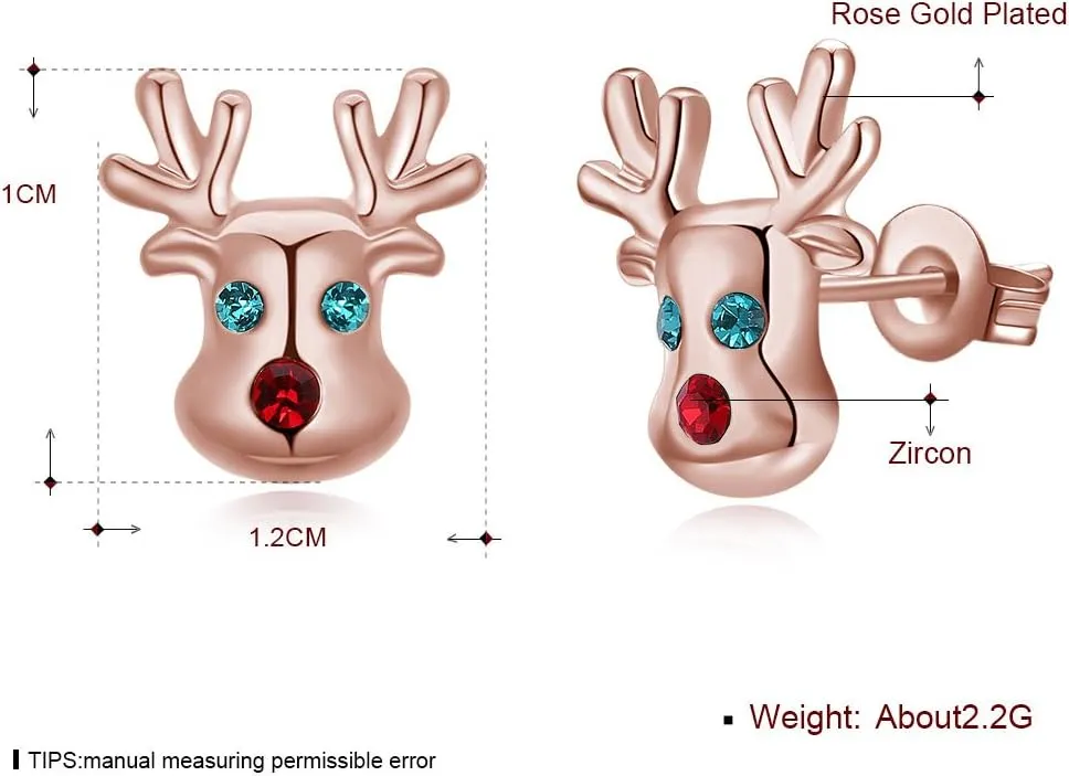Christmas Earrings 14K Cute Small Animal CZ Reindeer Studs Earrings Gifts for Women