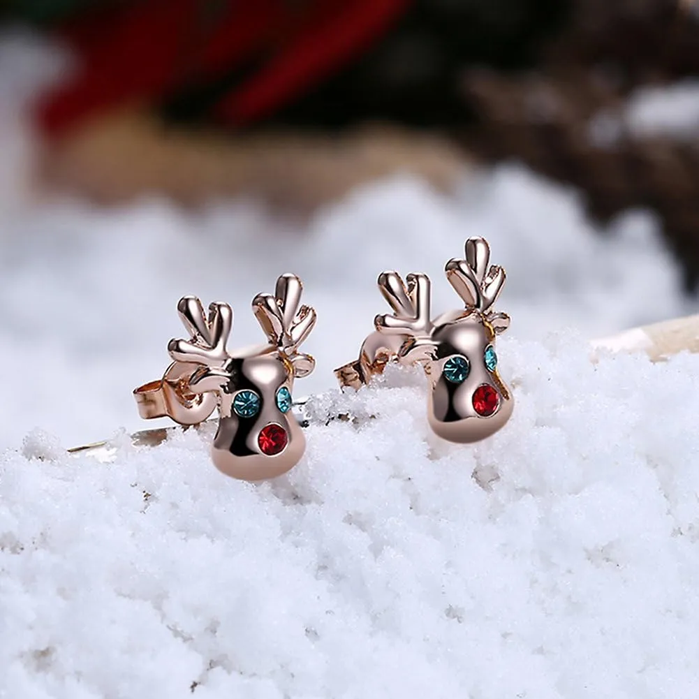 Christmas Earrings 14K Cute Small Animal CZ Reindeer Studs Earrings Gifts for Women