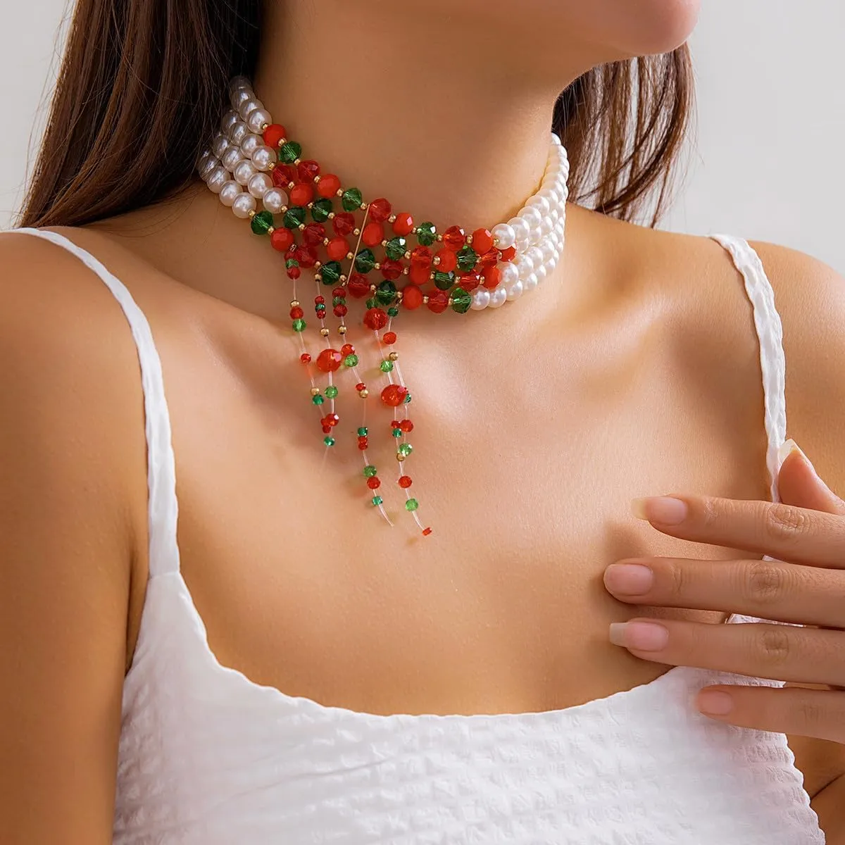 Christmas Necklace for Women Fashion Layered Pearls Choker Necklace Christmas Red Green White Theme Necklace Christmas Pearl Tassel Necklace Christmas Bride Costume Party Jewelry