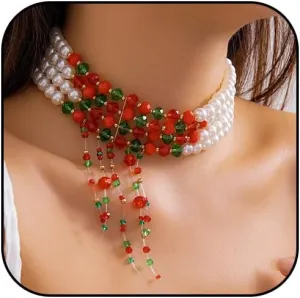 Christmas Necklace for Women Fashion Layered Pearls Choker Necklace Christmas Red Green White Theme Necklace Christmas Pearl Tassel Necklace Christmas Bride Costume Party Jewelry
