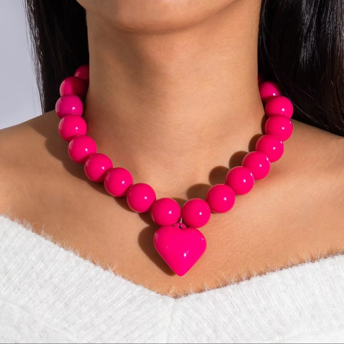 Chunky Large Love Heart Pendant Necklace for Women 80s Colorful Neon Beaded Choker Necklaces Exaggerated Wedding Jewelry for Brides