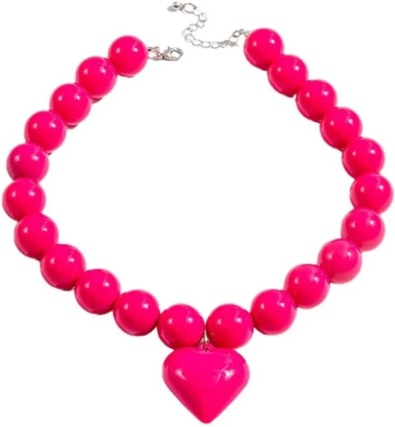 Chunky Large Love Heart Pendant Necklace for Women 80s Colorful Neon Beaded Choker Necklaces Exaggerated Wedding Jewelry for Brides