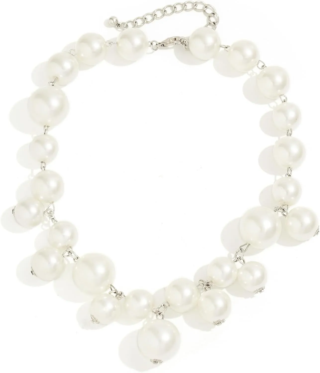 Chunky Pearl Choker Necklace Boho Statement Big White Pearls Beaded Exaggrated Large Faux Pearl Ball Round Silver Chain Necklace Thick Bold Necklace for Women Wedding Bridal Christmas Party Trendy Jewelry