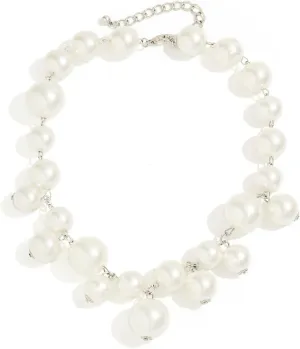 Chunky Pearl Choker Necklace Boho Statement Big White Pearls Beaded Exaggrated Large Faux Pearl Ball Round Silver Chain Necklace Thick Bold Necklace for Women Wedding Bridal Christmas Party Trendy Jewelry