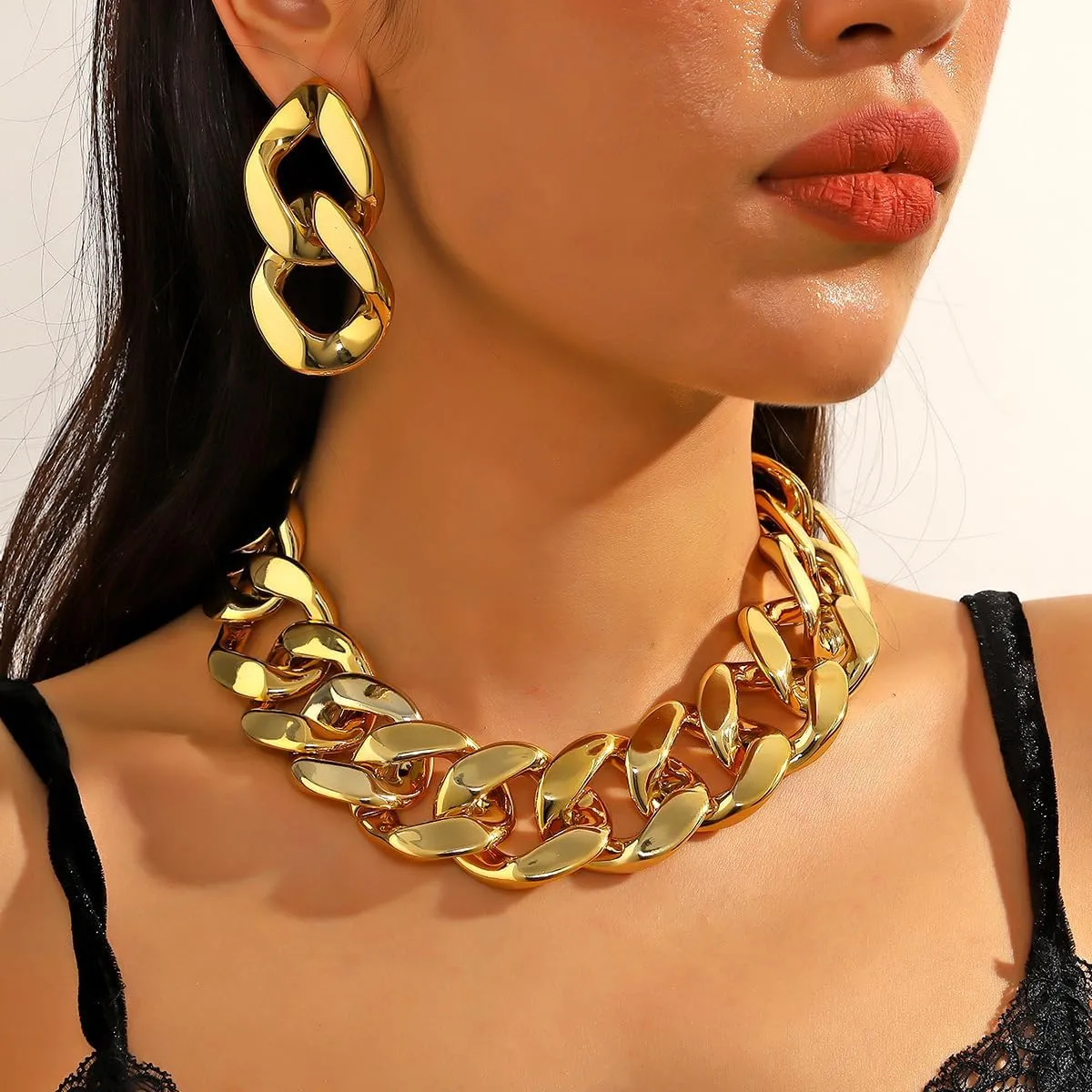 CJIAYUJEW Chunky Gold Cuban Chain Necklace Bracelets Set Punk Silver Thick Chain Link Choker Earrings Trendy Hip Hop Statement Choker Necklace Jewelry for Women