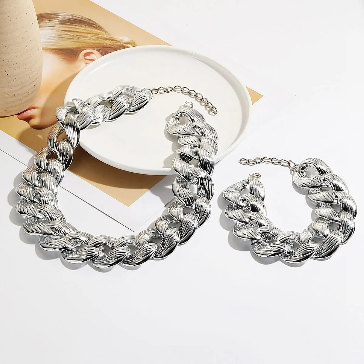 CJIAYUJEW Chunky Gold Cuban Chain Necklace Bracelets Set Punk Silver Thick Chain Link Choker Earrings Trendy Hip Hop Statement Choker Necklace Jewelry for Women