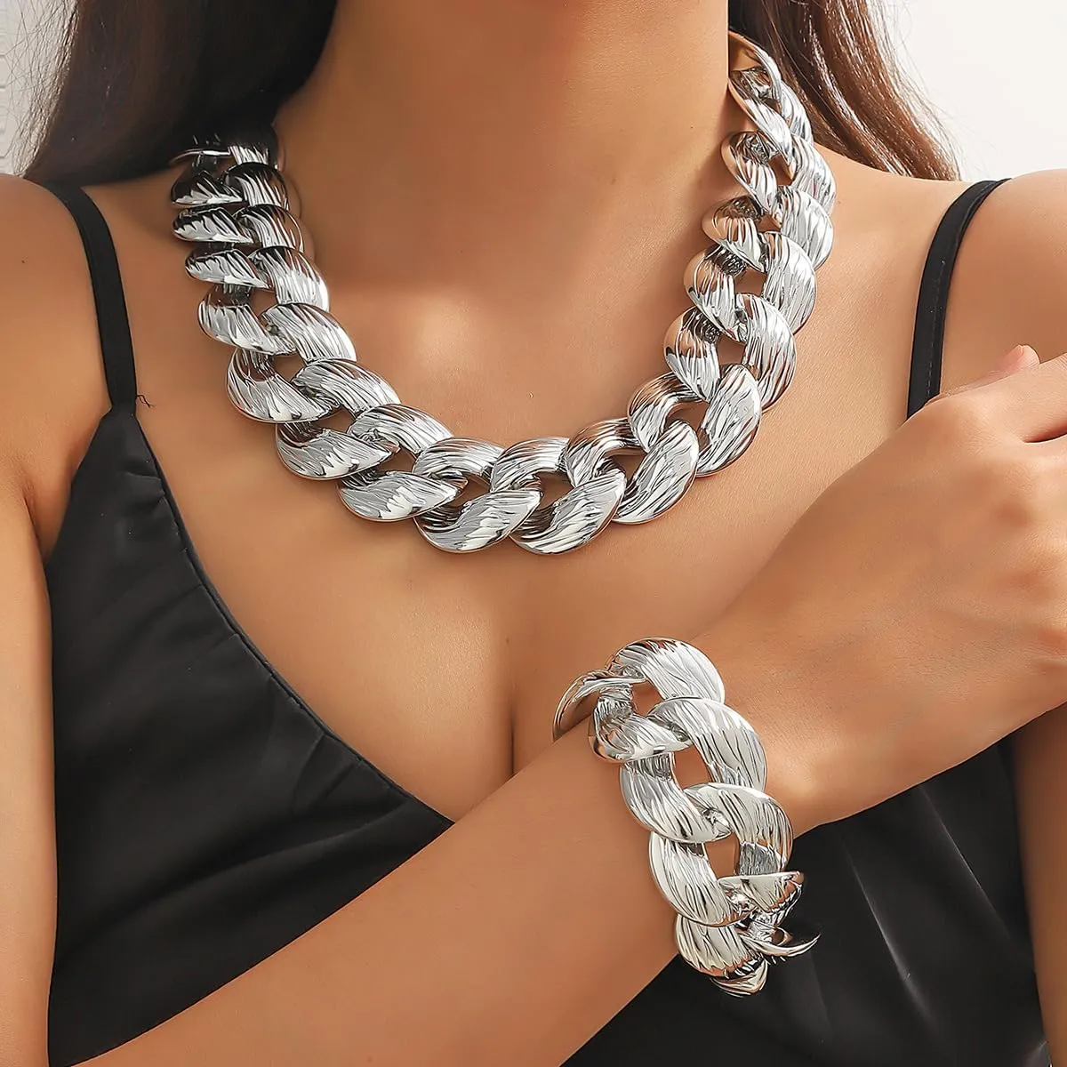 CJIAYUJEW Chunky Gold Cuban Chain Necklace Bracelets Set Punk Silver Thick Chain Link Choker Earrings Trendy Hip Hop Statement Choker Necklace Jewelry for Women