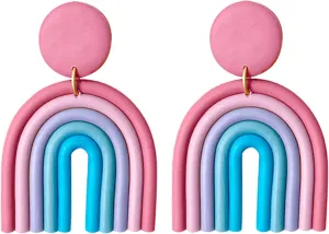 Clay Rainbow Dangle Earrings, Colorful Pink Resin U Fan Shape Round Hoop Earrings for Women VSCO Y2K Style Jewelry Gift-pink blue