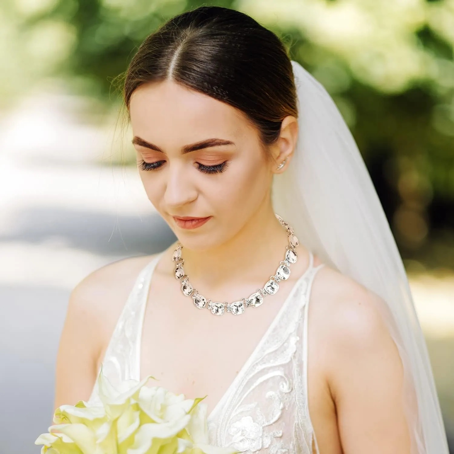 Clear Purple Austrian Crystal Wedding Bridal Jewelry Set for Brides Bridesmaid, Gemstone Statement Necklace and Earring Set Formal Prom Jewelry Set for Silver-Tone Fit With Wedding Evening Dress