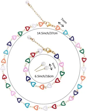Colorful Alloy Necklace Glass Imitation Pearl Earring Bracelet Jewelry 3 Set for Women and girls