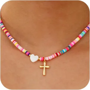Colorful Beaded Cross Necklace for Girl Women, First Communion Confirmation Baptism Christian Religious Catholic Jewelry Gifts for Teen Girl 15 2 Inches