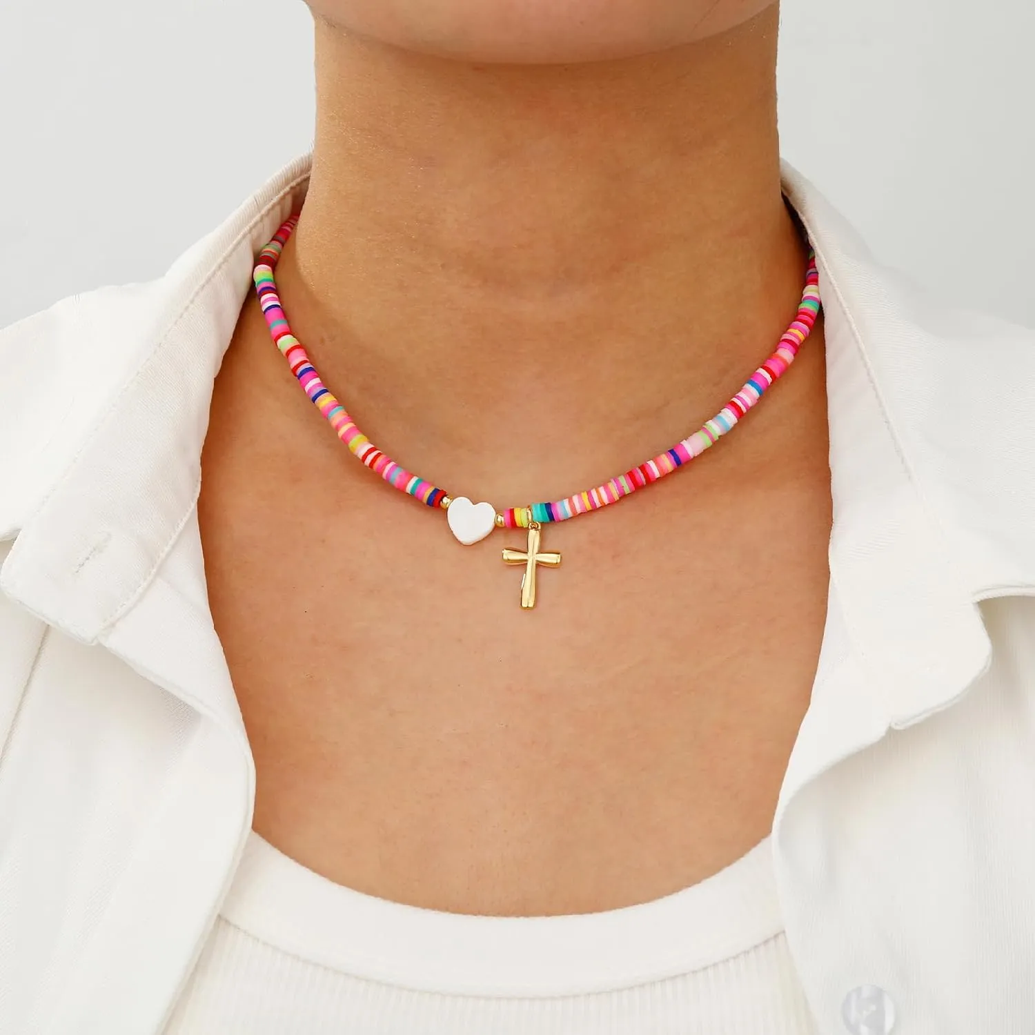 Colorful Beaded Cross Necklace for Girl Women, First Communion Confirmation Baptism Christian Religious Catholic Jewelry Gifts for Teen Girl 15 2 Inches