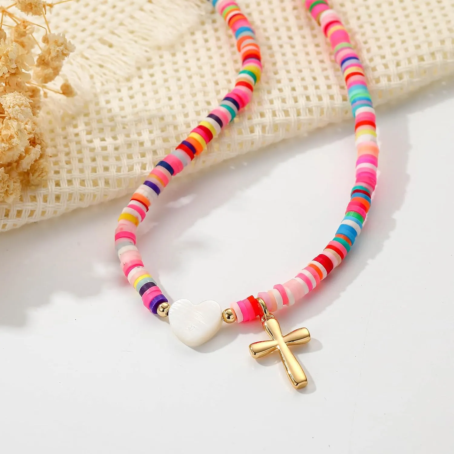 Colorful Beaded Cross Necklace for Girl Women, First Communion Confirmation Baptism Christian Religious Catholic Jewelry Gifts for Teen Girl 15 2 Inches