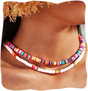 Colorful Beaded Necklace Boho Choker Rainbow Layered Neck Chain for Women