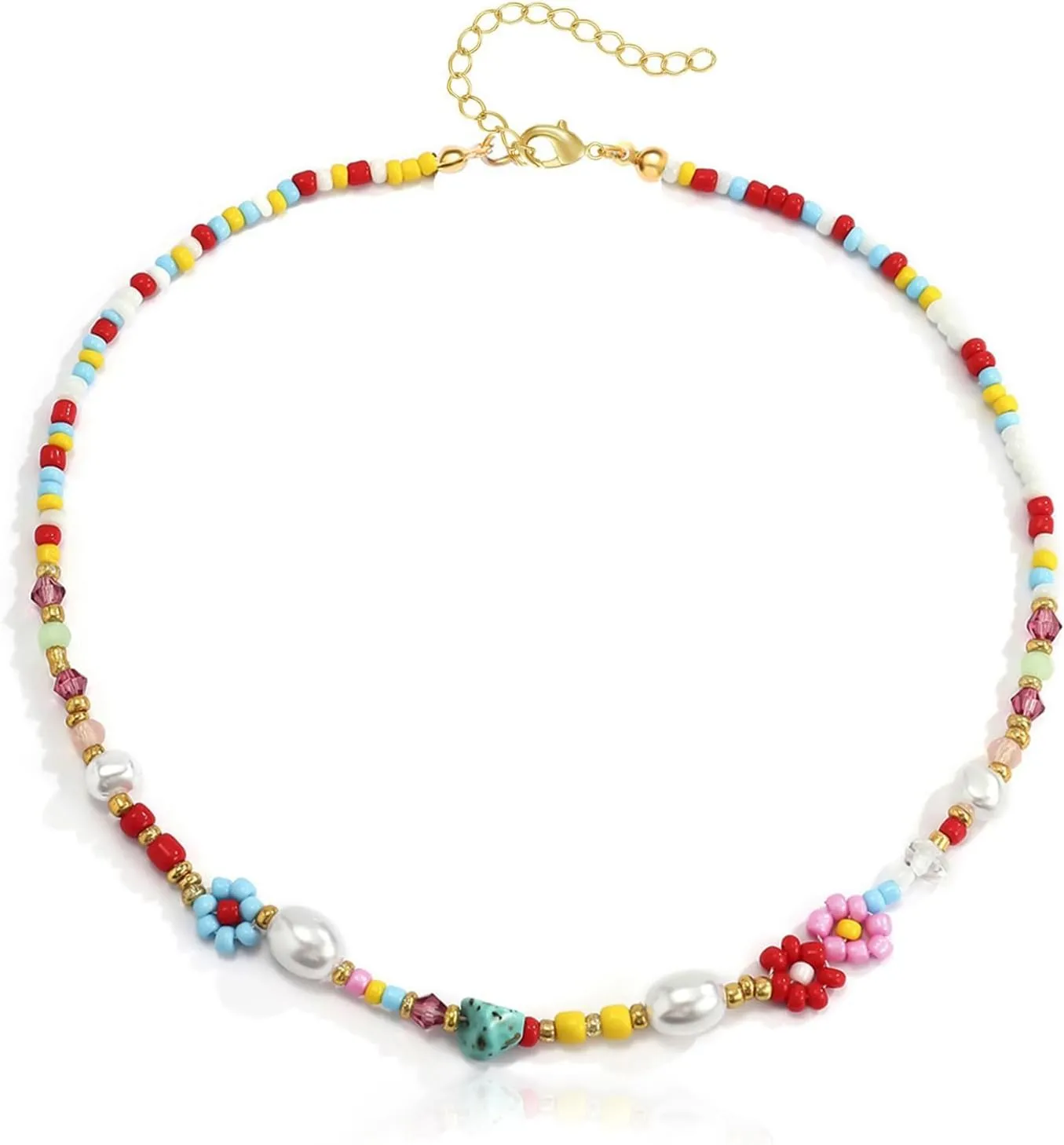 Colorful Beaded Necklace for Women, Freshwater Pearl Turquoise Natural Stone Flower Beaded Choker Necklace 14K Gold Plated Y2K Necklace Summer Beach Handmade Jewelry Gifts
