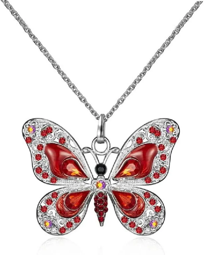 COLORFUL BLING 1Pcs Beautiful Alloy Rhinestone Butterfly Long Necklaces Fashion Enamel Butterfly Necklace for Women Girlsblue