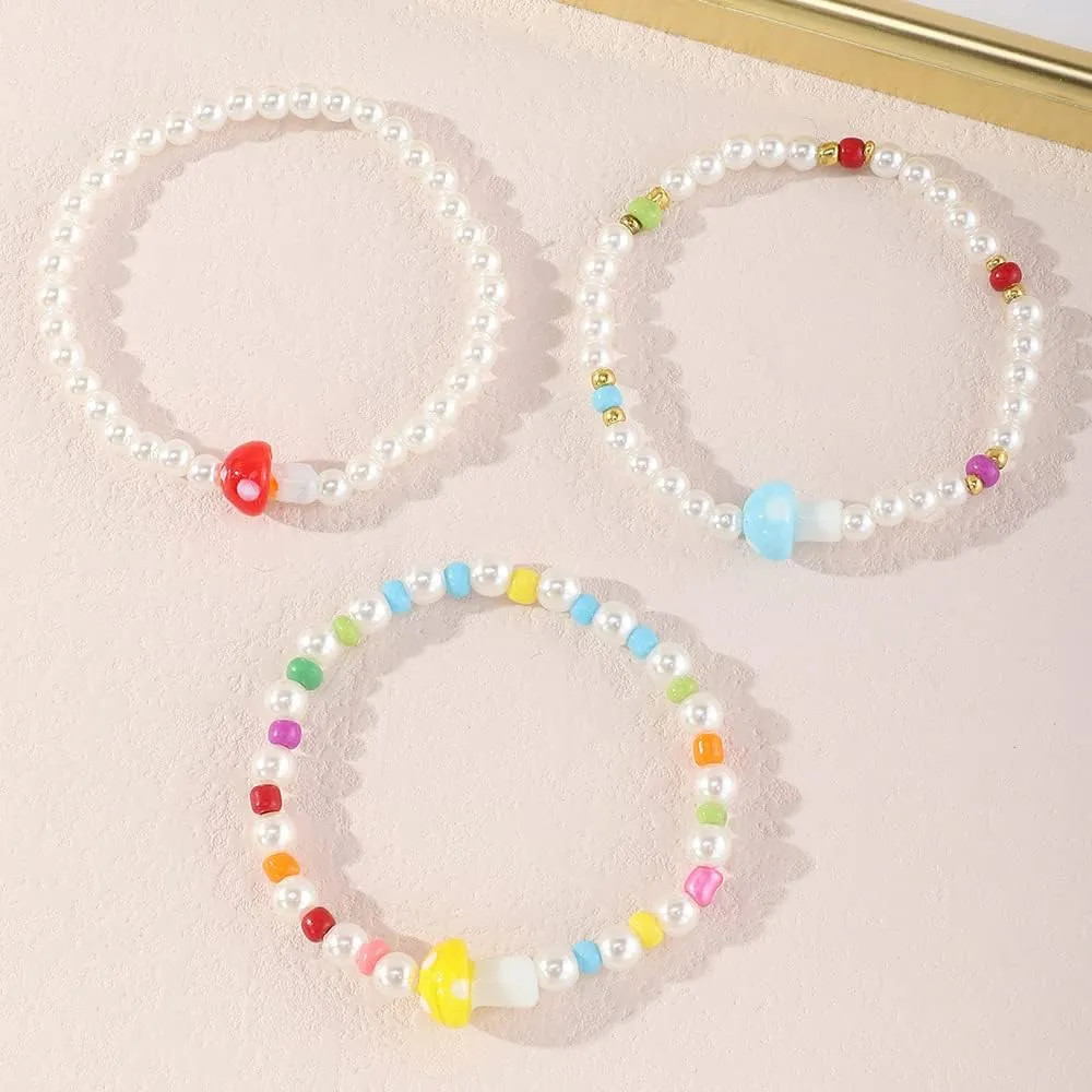 COLORFUL BLING 2-6Pcs Multilayer Cute Funny Mushroom Stretch Bracelet Sweet Pearl Beaded Fresh Foods Mushroom Wrap Bracelet for Women Lovely Jewelry
