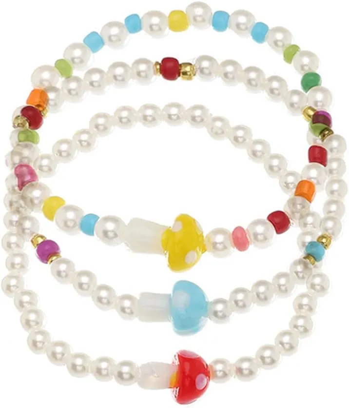 COLORFUL BLING 2-6Pcs Multilayer Cute Funny Mushroom Stretch Bracelet Sweet Pearl Beaded Fresh Foods Mushroom Wrap Bracelet for Women Lovely Jewelry