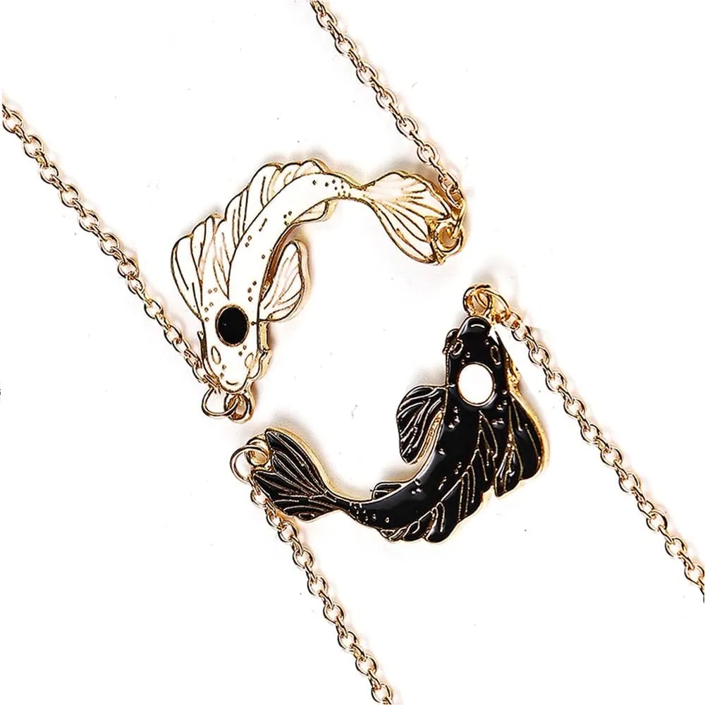 COLORFUL BLING 2 Pieces Yin Yang Friend Pendant Necklace Dragon Matching Unique TaiChi Fish Couple Necklace Cord BFF Friendship Bestie Engagement BFF Jewelry