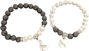 COLORFUL BLING 2Pcs Love Heart Matching Natural Stone Bead Stretch Bracelet Set for Women Mom Mother Daughter Best Friend Brother Sister Wrap Bracelet Birthday Jewelry Mother's Day Gift